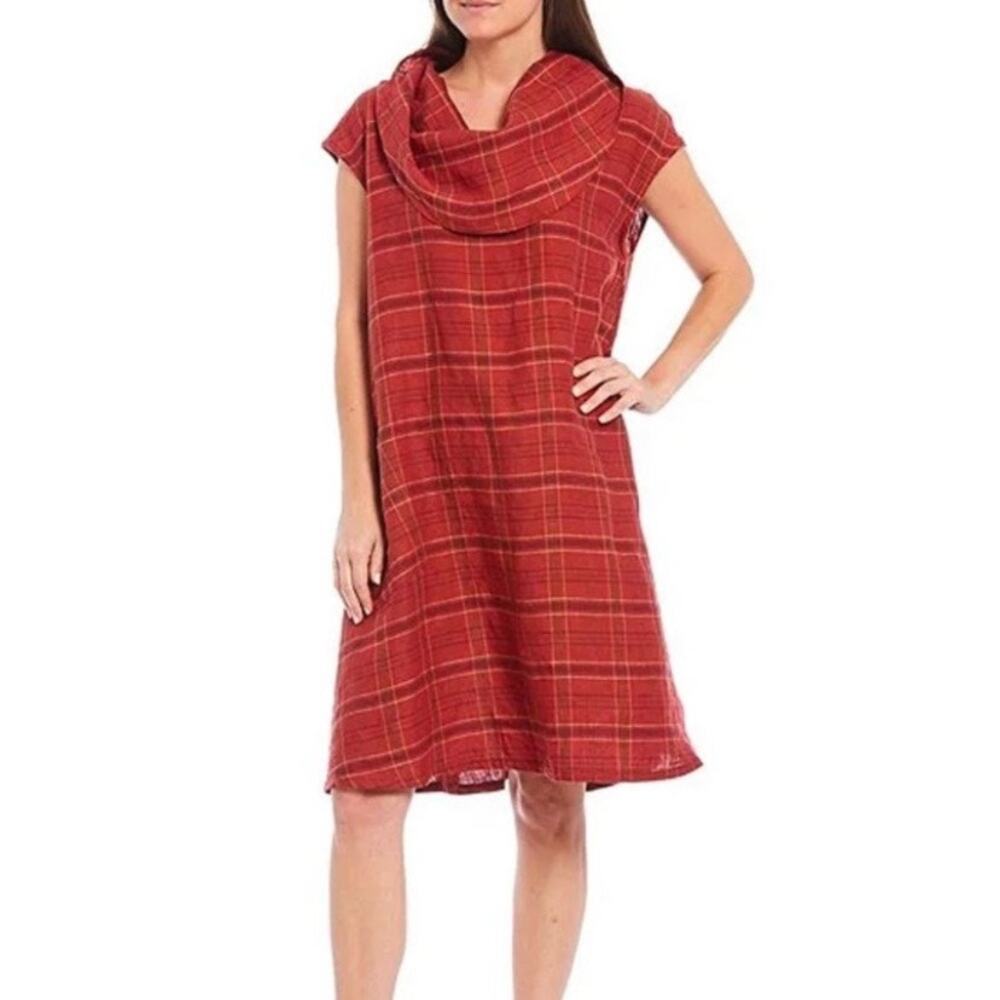 Bryn Walker Red Orange Plaid Linen Nolan Cowl Neck Sleeveless Tunic Dress Sz.S